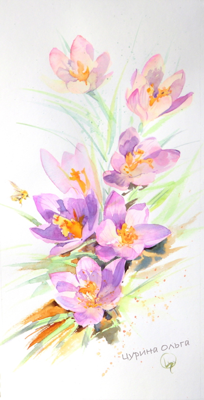 крокусы цветы на картине весна весенние купить у художника Цурина Ольга